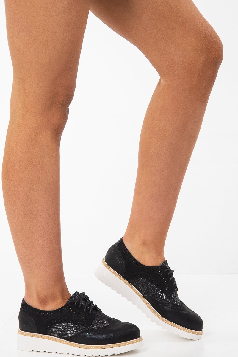 Black Shimmer Brogue Style Trainers - Hannah-Trainers