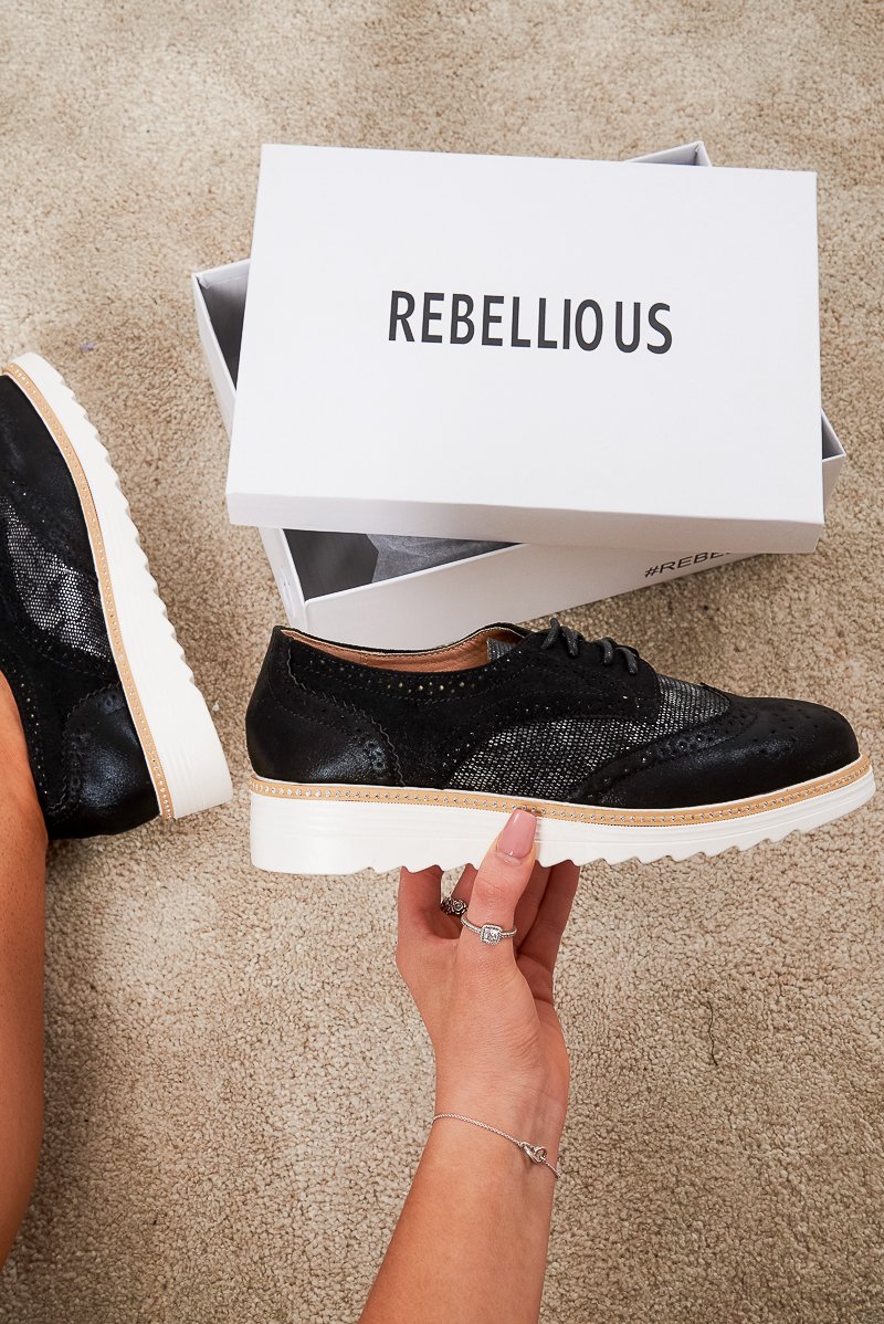 Black Shimmer Brogue Style Trainers - Hannah-Trainers