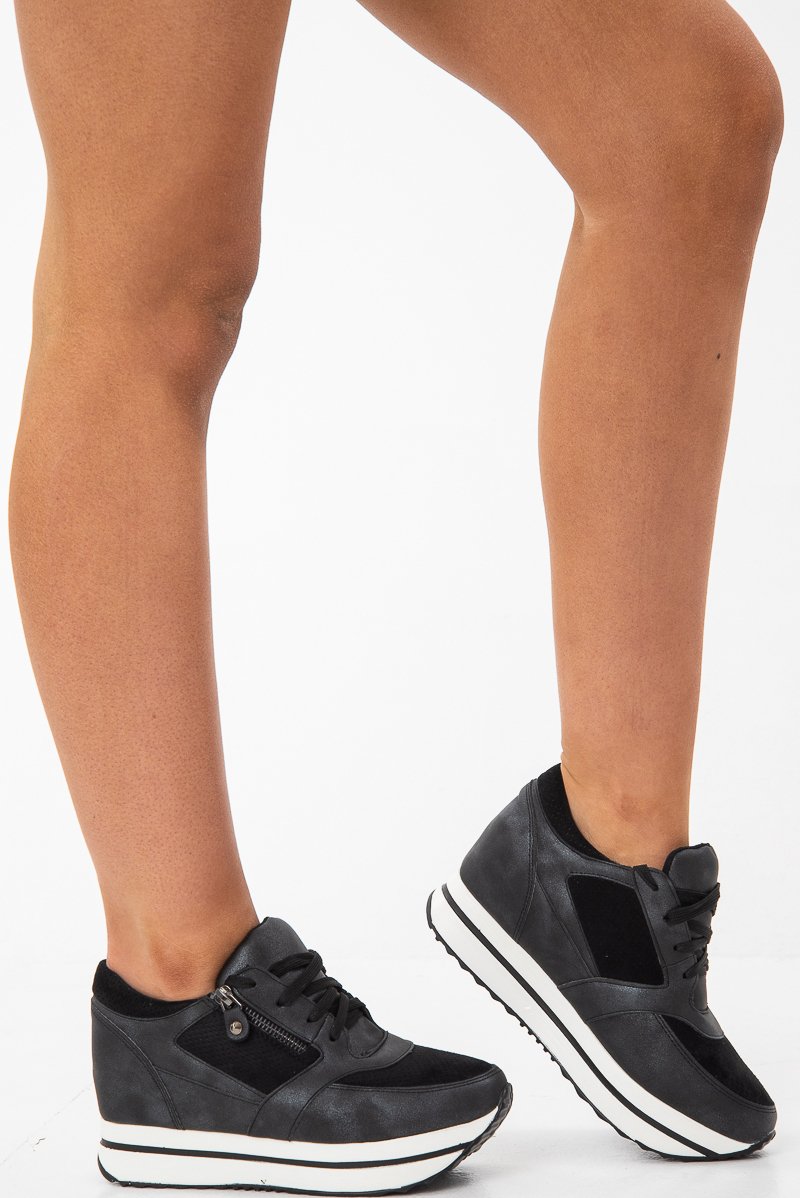 Black Shimmer Platform Trainers with Zip Detail - Sharnie-Trainers