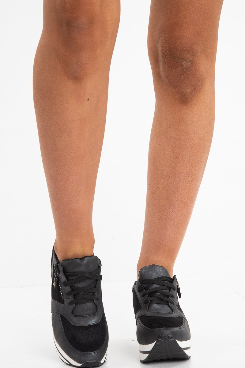 Black Shimmer Platform Trainers with Zip Detail - Sharnie-Trainers