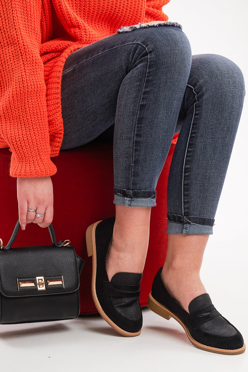 Black Shimmer Snake Effect Front Loafers - Tammy-Flats