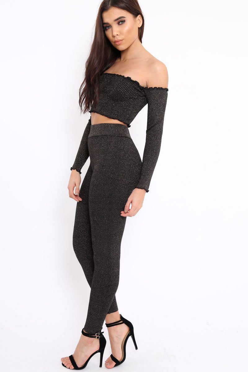 Black Shimmery Ribbed Knit Co-ord - Luna-Co-ords