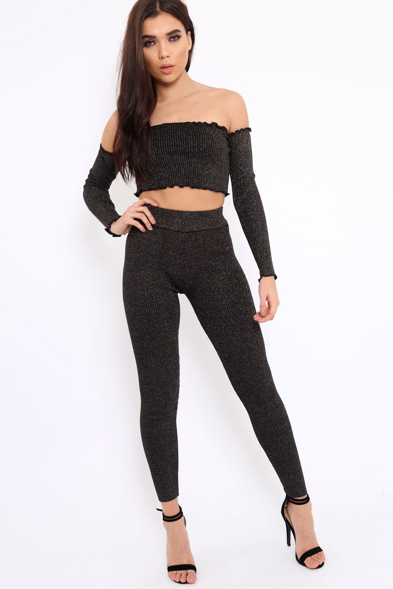 Black Shimmery Ribbed Knit Co-ord - Luna-Co-ords