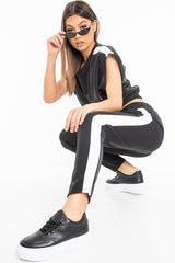 Black Shiny Contrast Stripe Crop Top Joggers Co-Ord - Maisey-Co-ords