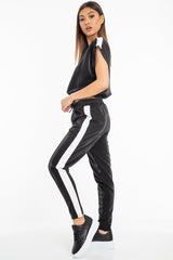 Black Shiny Contrast Stripe Crop Top Joggers Co-Ord - Maisey-Co-ords
