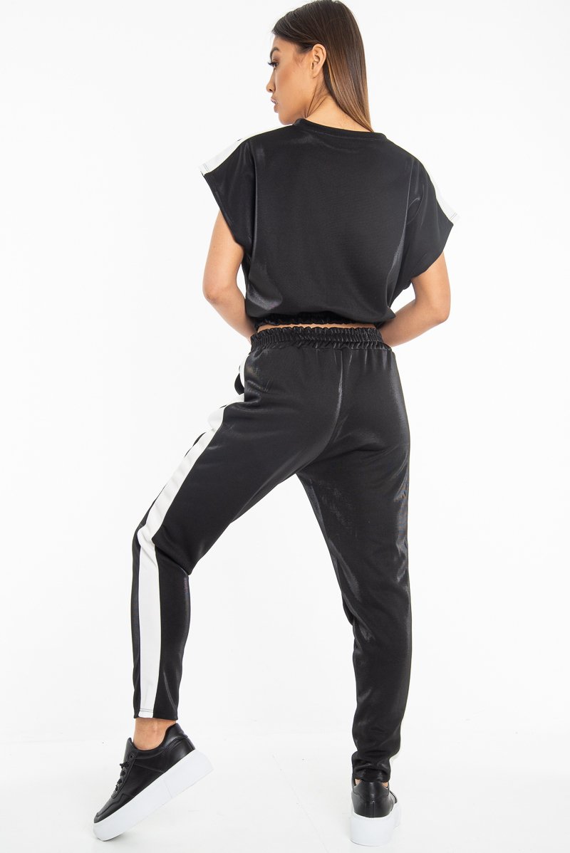 Black Shiny Contrast Stripe Crop Top Joggers Co-Ord - Maisey-Co-ords