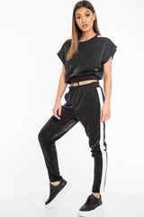 Black Shiny Contrast Stripe Crop Top Joggers Co-Ord - Maisey-Co-ords