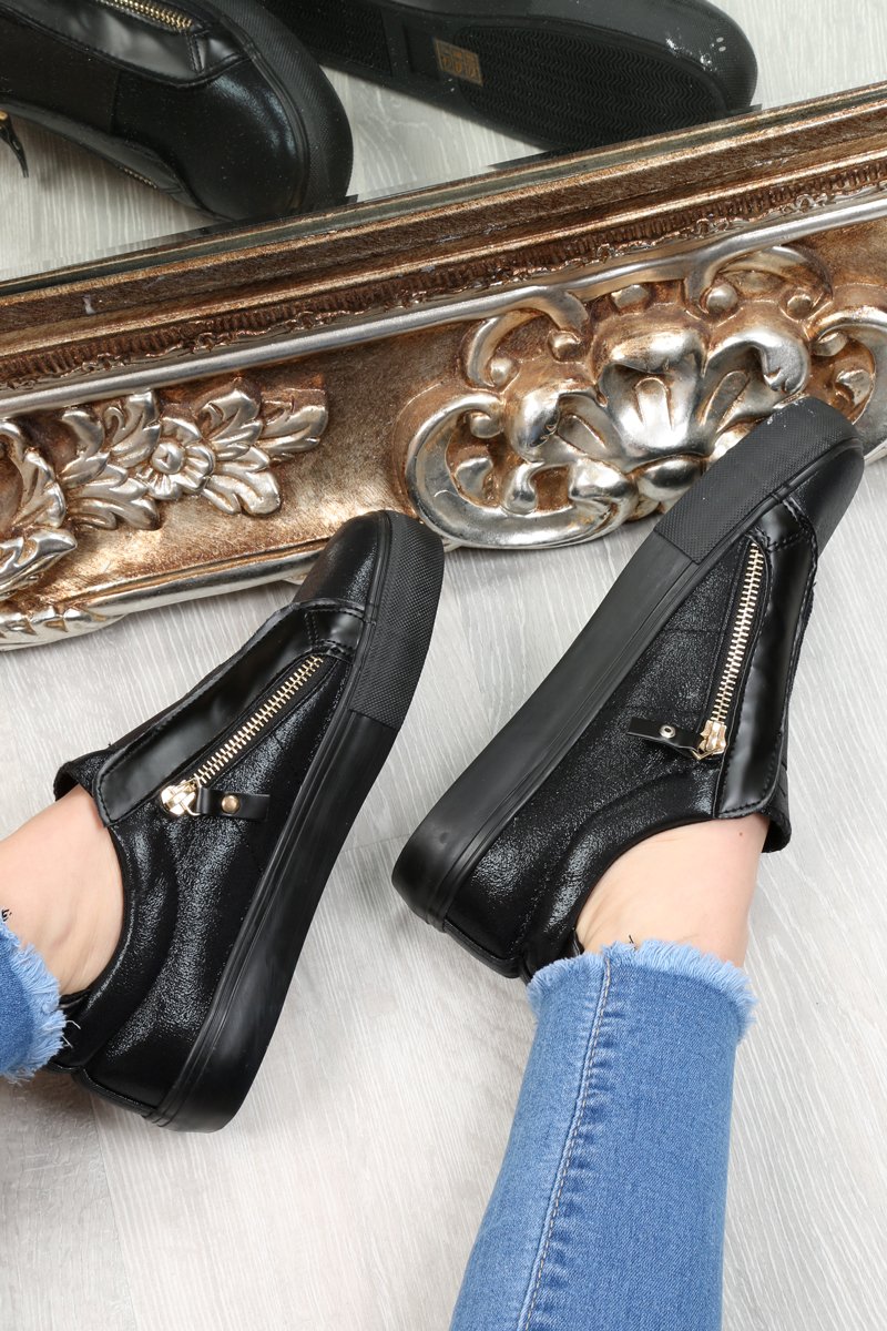 Black Shiny Double Zip Front Slide On Trainers - Sisley-Trainers