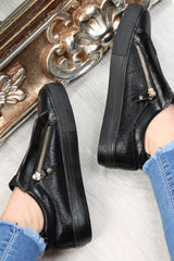 Black Shiny Double Zip Front Slide On Trainers - Sisley-Trainers