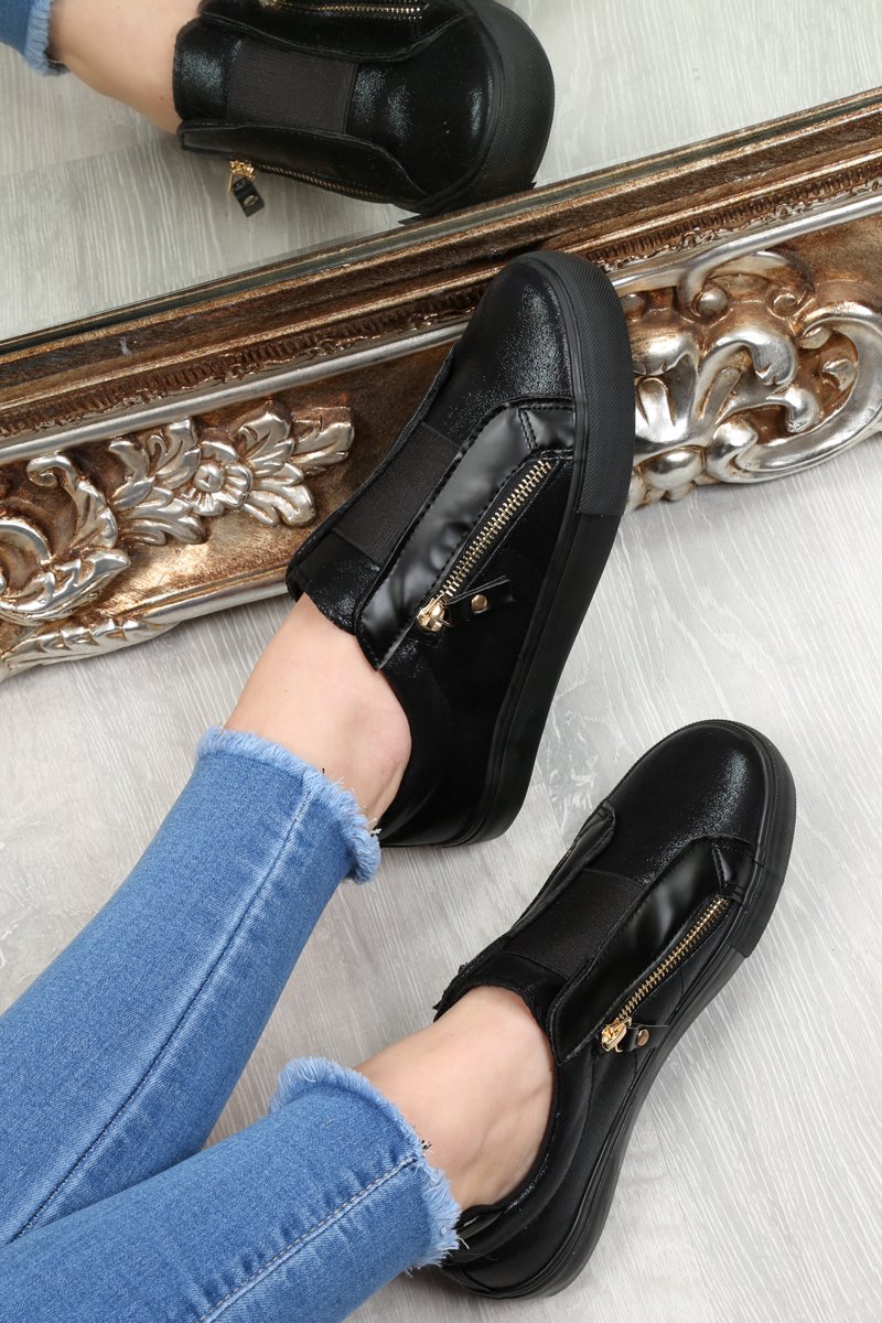 Black Shiny Double Zip Front Slide On Trainers - Sisley-Trainers
