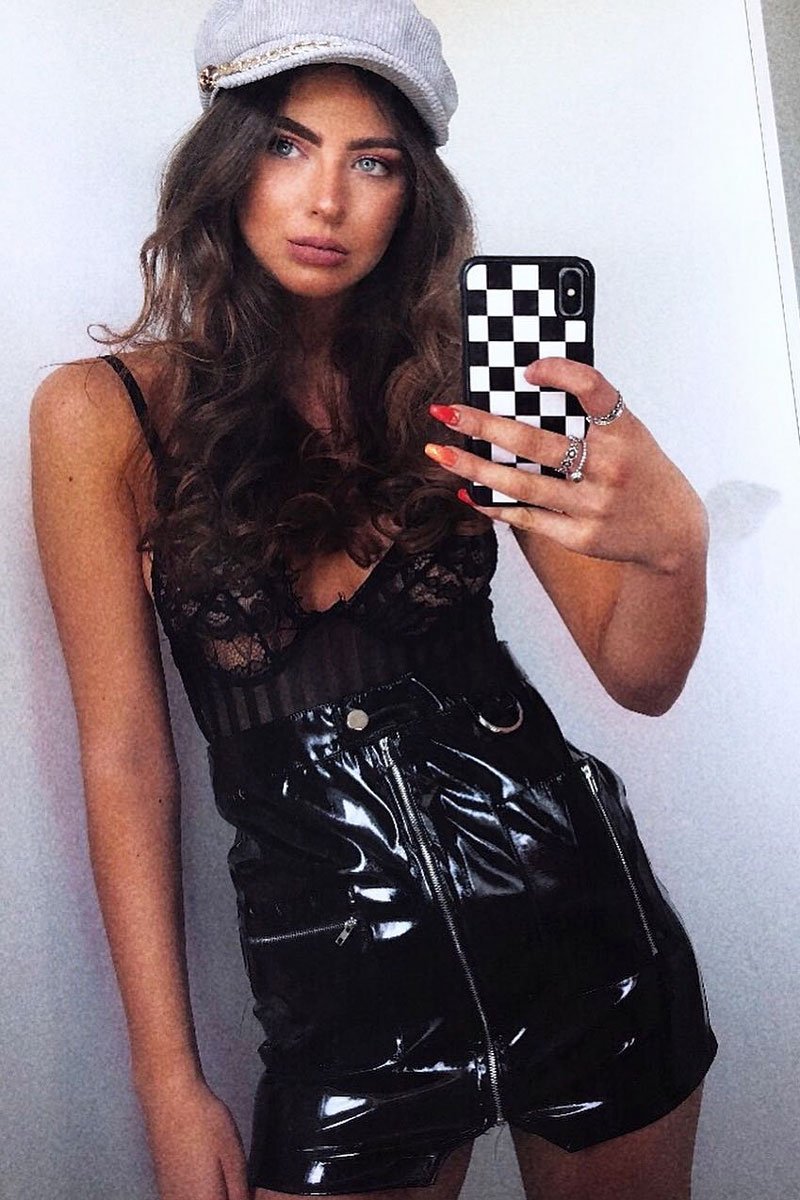 Black Shiny PU Front Zip Skirt - Abida-Skirts