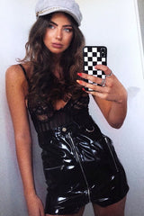 Black Shiny PU Front Zip Skirt - Abida-Skirts