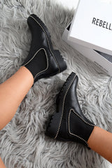 Black Shiny PU Stud Detail Ankle Boots - Ansley-Boots