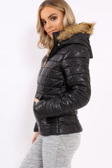 Black Shiny Puffer Coat with Fur Hood - Idy-Coats