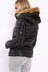 Black Shiny Puffer Coat with Fur Hood - Idy-Coats