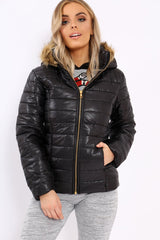 Black Shiny Puffer Coat with Fur Hood - Idy-Coats