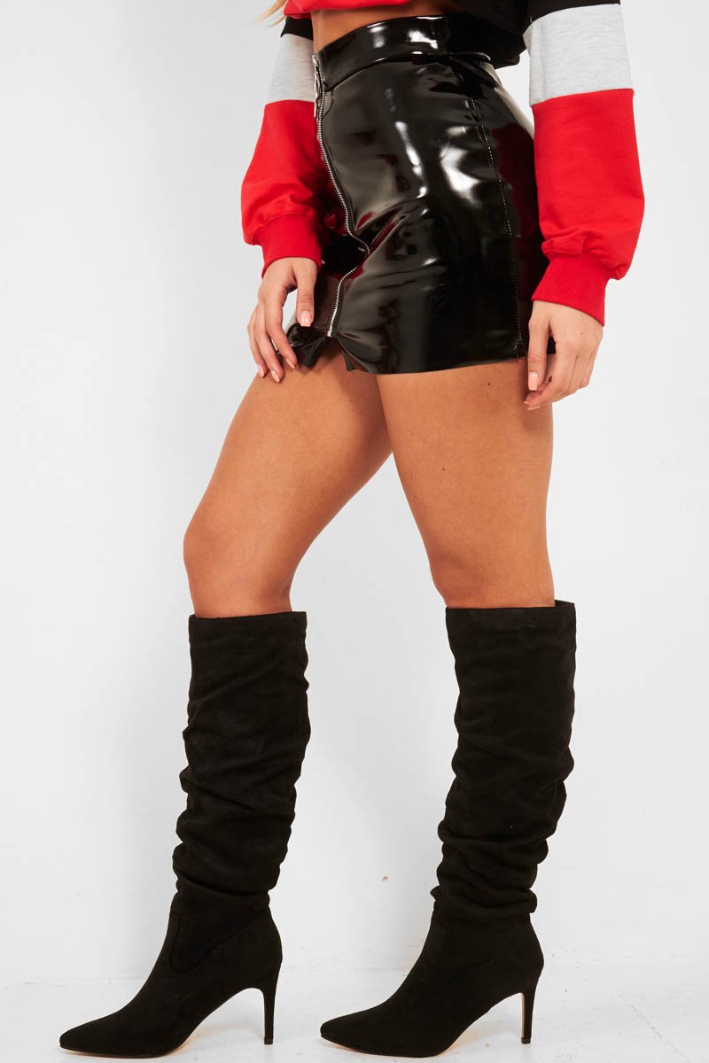 Black Shiny Vinyl Mini Skirt - Aariah-Skirts
