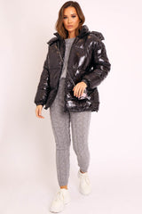 Black Shiny Wet Look Chunky Hooded Puffer Coat - Syra-Coats