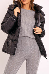 Black Shiny Wet Look Chunky Hooded Puffer Coat - Syra-Coats