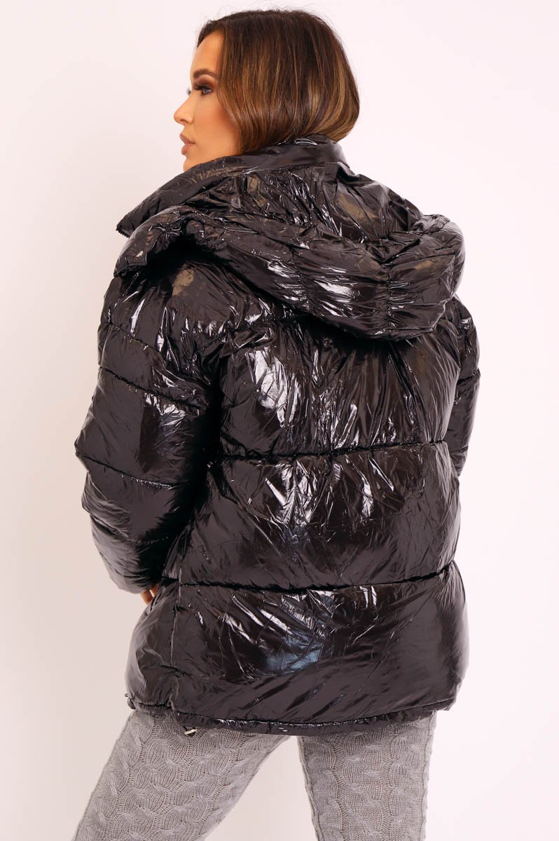 Black Shiny Wet Look Chunky Hooded Puffer Coat - Syra-Coats