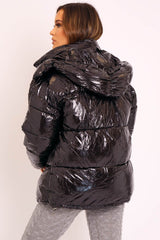 Black Shiny Wet Look Chunky Hooded Puffer Coat - Syra-Coats
