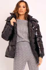 Black Shiny Wet Look Chunky Hooded Puffer Coat - Syra-Coats