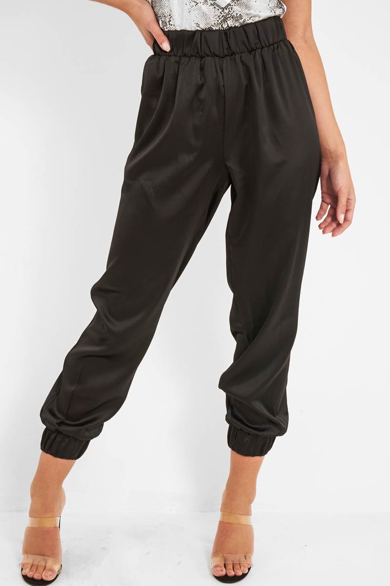 Black Shiny Woven Cargo Trousers - Atley-Trousers