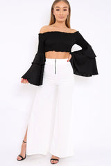 Black Shirred Bardot Crop Top with Ruffle Sleeves - Dee-Tops