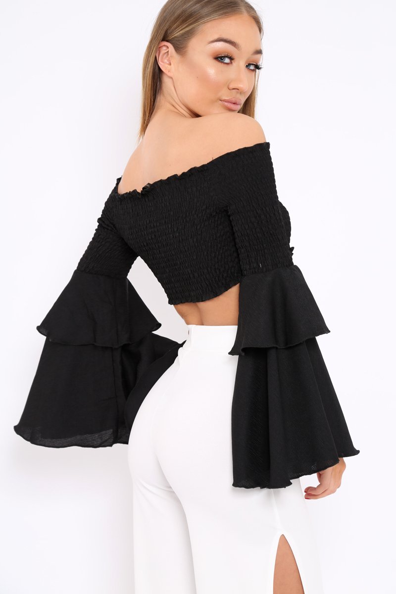 Black Shirred Bardot Crop Top with Ruffle Sleeves - Dee-Tops