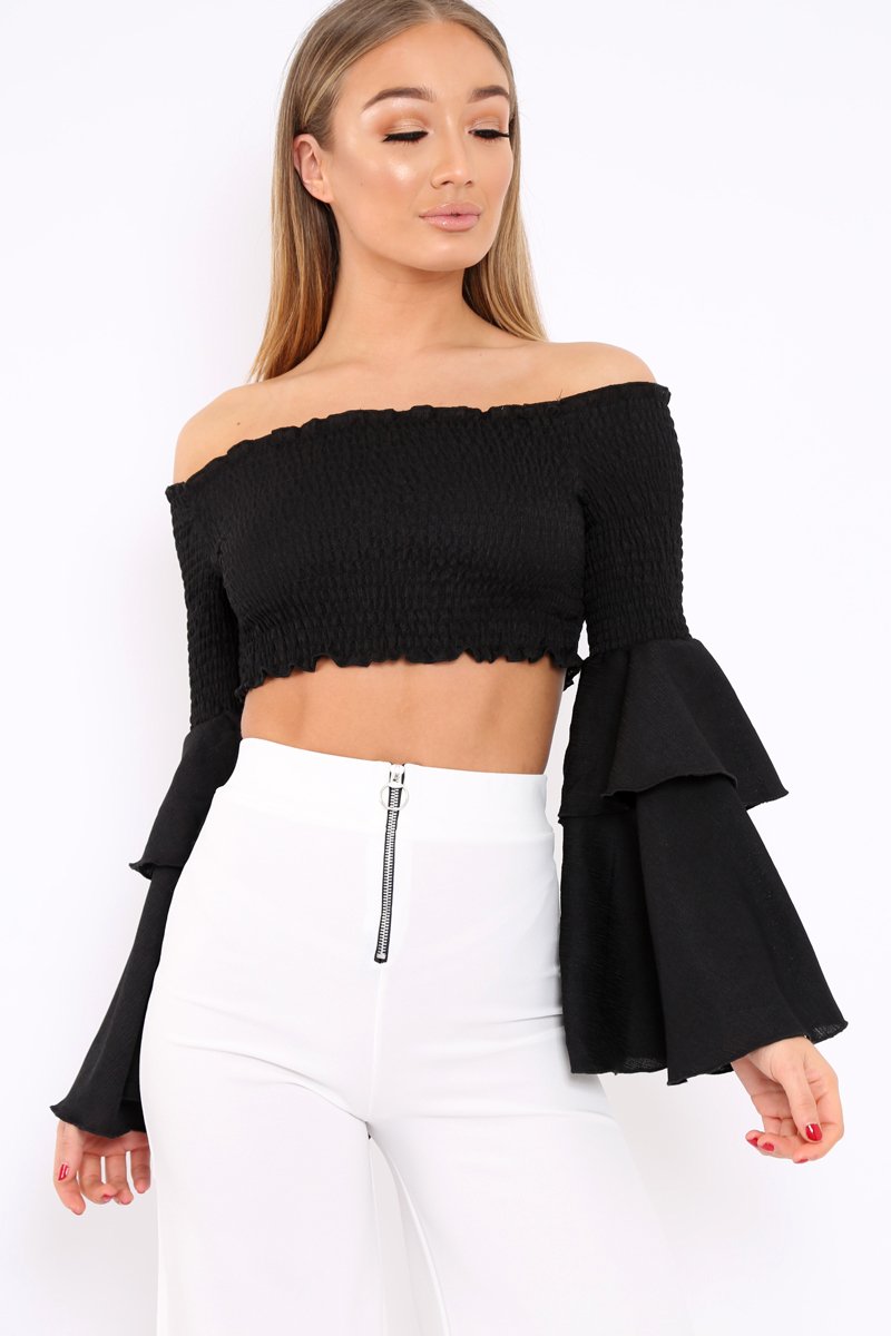 Black Shirred Bardot Crop Top with Ruffle Sleeves - Dee-Tops