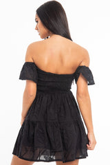 Black Shirred Bardot Tiered Textured Mini Dress - Emma-Dresses