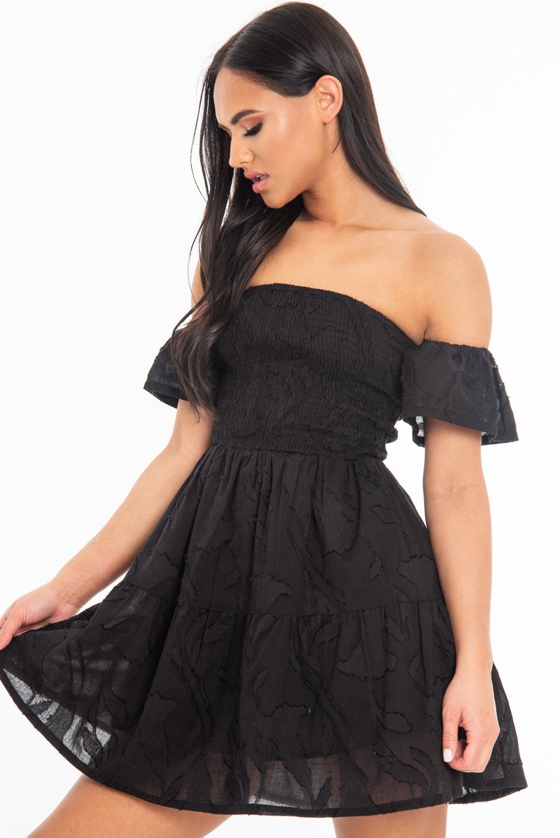 Black Shirred Bardot Tiered Textured Mini Dress - Emma-Dresses