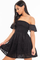 Black Shirred Bardot Tiered Textured Mini Dress - Emma-Dresses