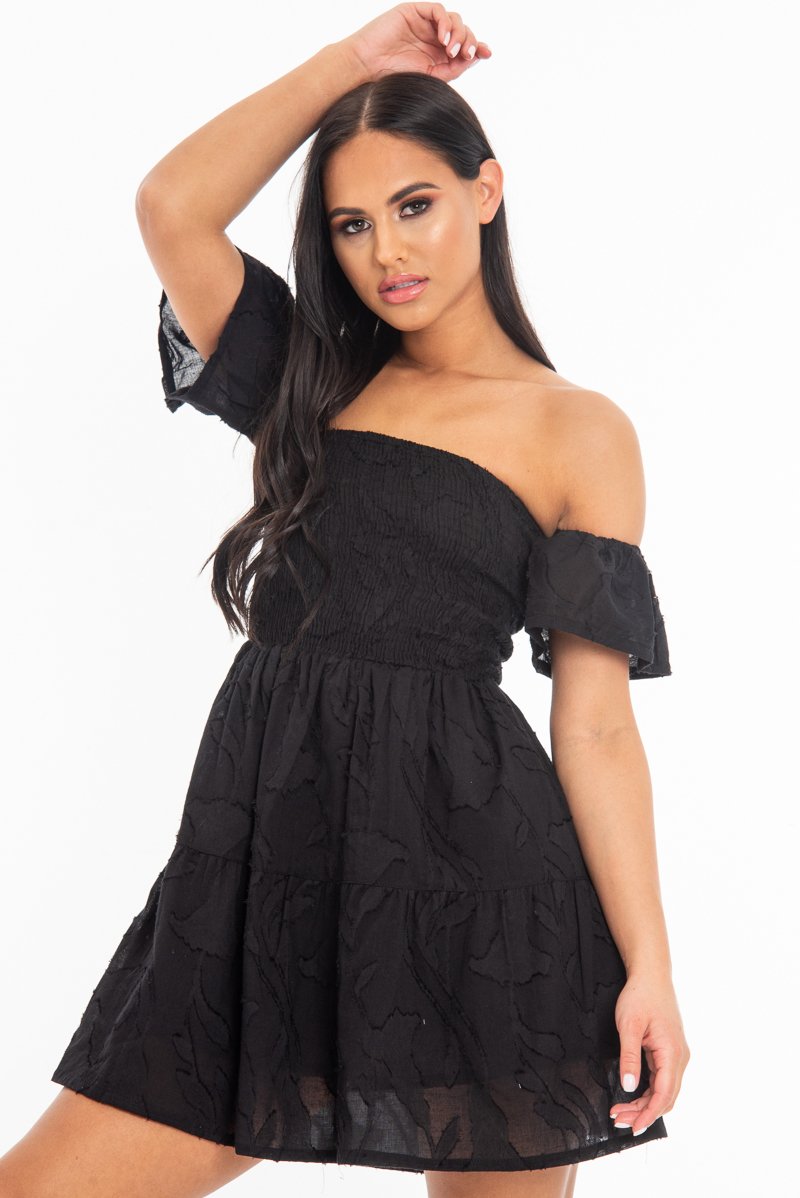 Black Shirred Bardot Tiered Textured Mini Dress - Emma-Dresses
