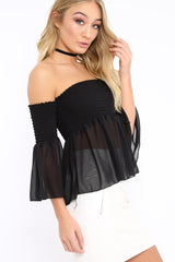 Black Shirred Chiffon Bardot Top - Libbie-Tops