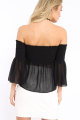 Black Shirred Chiffon Bardot Top - Libbie-Tops