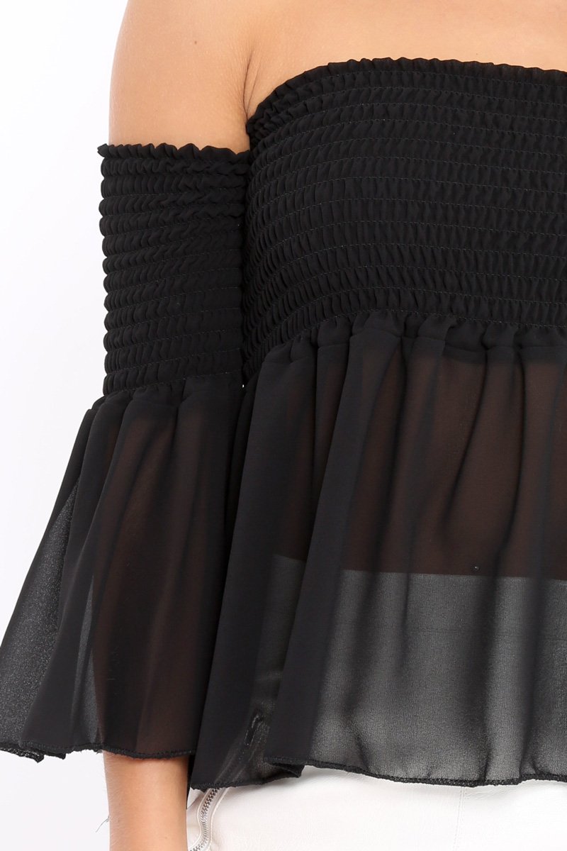Black Shirred Chiffon Bardot Top - Libbie-Tops