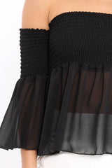 Black Shirred Chiffon Bardot Top - Libbie-Tops