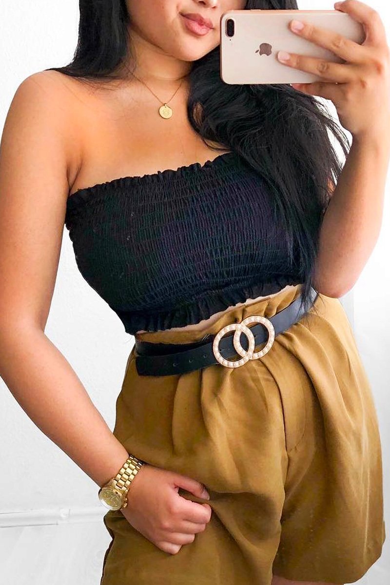 Black Shirred Frill Bandeau Crop Top - Camren-Crop Tops