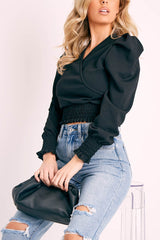 Black Shirred Hem Wrap Crop Top - Symone-Tops