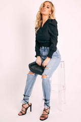 Black Shirred Hem Wrap Crop Top - Symone-Tops