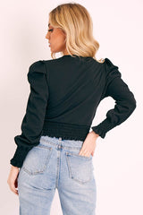 Black Shirred Hem Wrap Crop Top - Symone-Tops