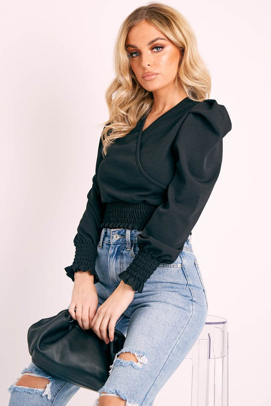 Black Shirred Hem Wrap Crop Top - Symone