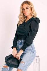 Black Shirred Hem Wrap Crop Top - Symone-Tops