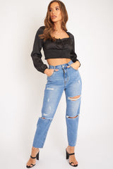 Black Shirred Long Sleeve Strap Back Detail Crop Top -Traniyah-Crop Tops