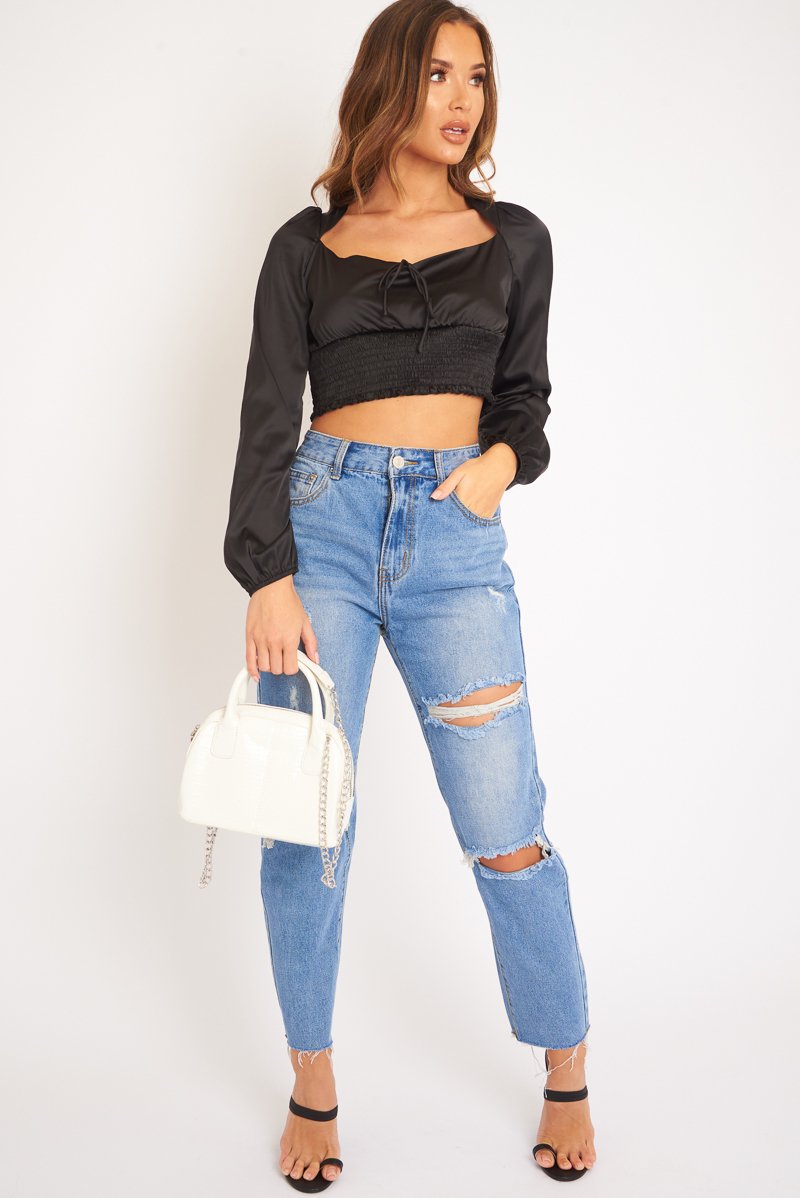 Black Shirred Long Sleeve Strap Back Detail Crop Top -Traniyah-Crop Tops