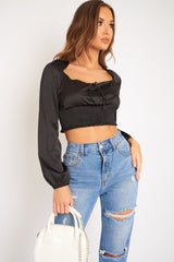 Black Shirred Long Sleeve Strap Back Detail Crop Top -Traniyah-Crop Tops