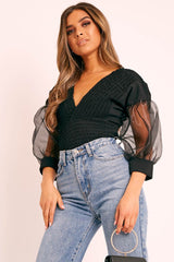 Black Shirred Plunge Crop Top - Reina-Crop Tops