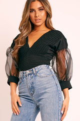 Black Shirred Plunge Crop Top - Reina-Crop Tops
