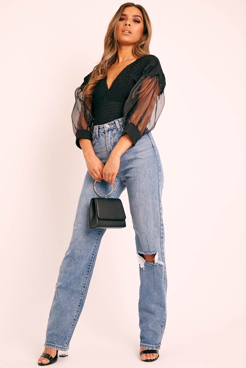 Black Shirred Plunge Crop Top - Reina-Crop Tops